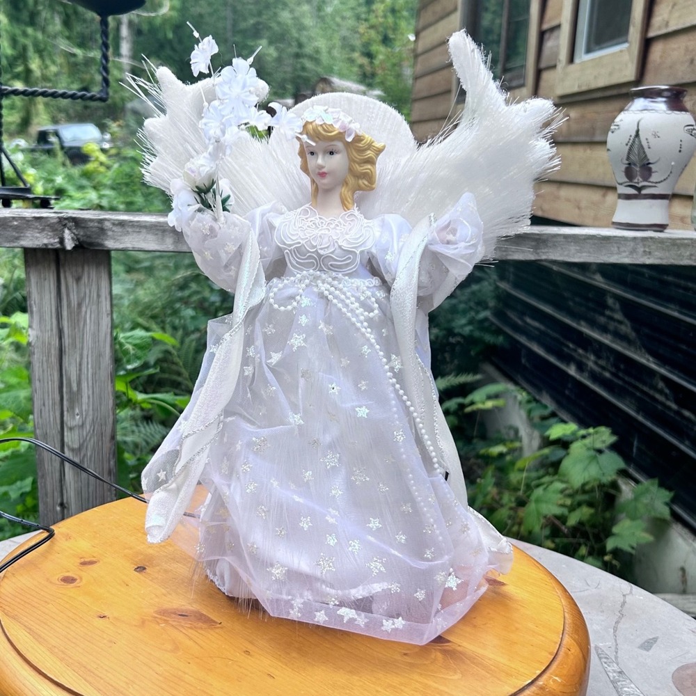 Vintage Fiber Optic Angel Tree Topper Lighted Large White Silver Star Wings MCM